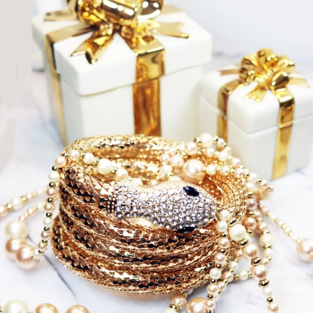 ⚜️ Kenneth Jay Lane Shimmering Gold Mesh and Clear Crystal Snake Wrap Bracelet - Picture 14 of 16